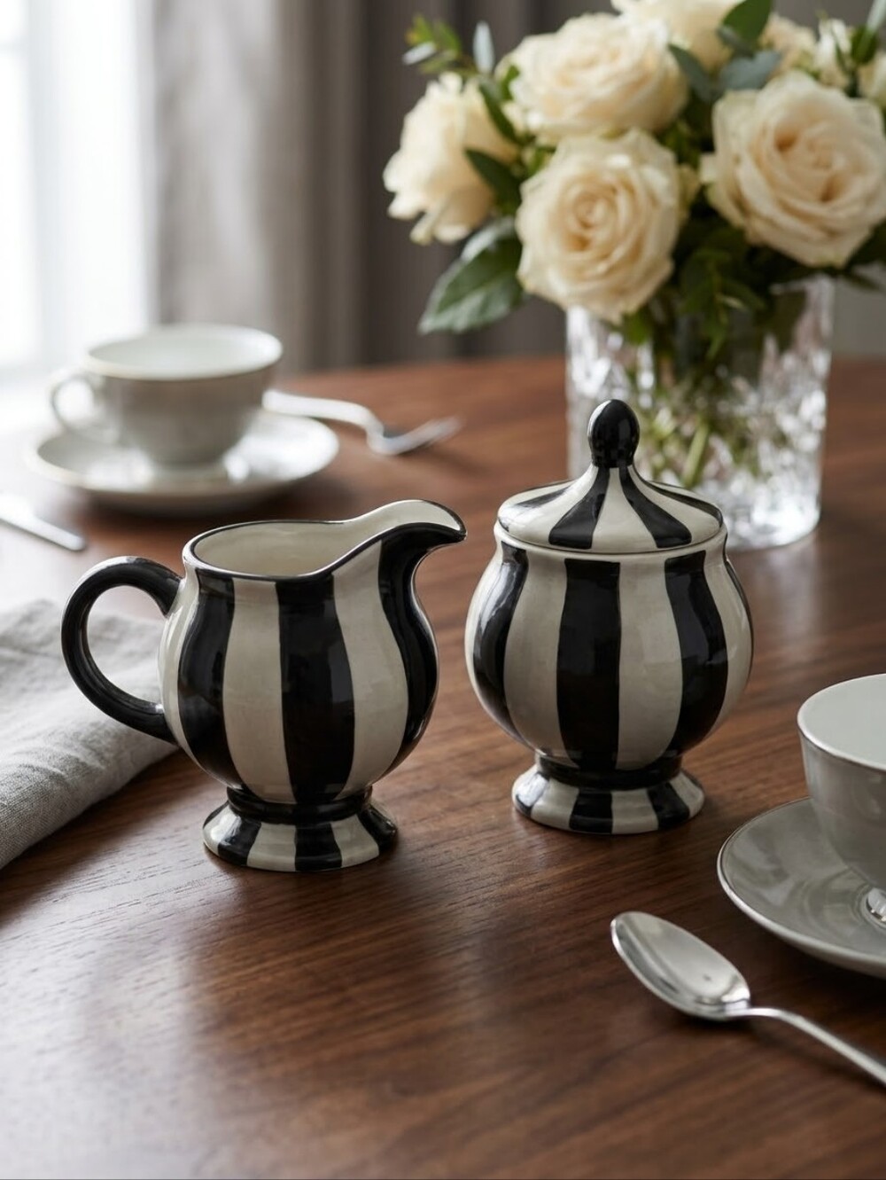 Cream and Black Striped Ceramic Sugar Bowl and Creamer Set - Unbranded